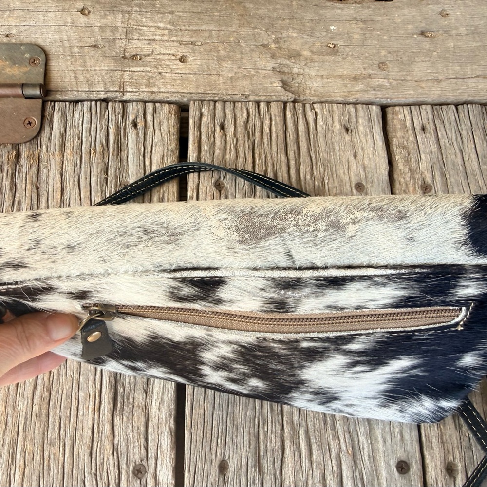 Myra Bag Blue Crescent Hand Tooled Leather Cow Hide Hair On Bag purse - Picture 5 of 9
